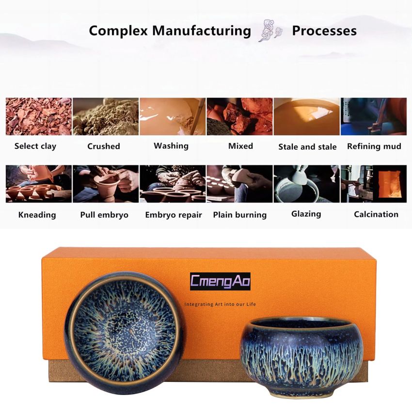 Tenmokus Tea Cups, 4.4 oz Starry Sky Glaze Ceramic Jianzhan Tea Bowls, Handmade Chinese Small Kungfu Tea Cups, Set of 2 (Zen Meditation Cup)