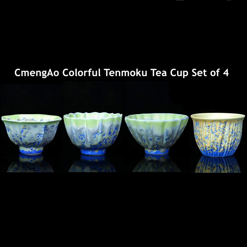4 Pcs Blue Irregular Ceramic Tea Cups Fancy Tenmoku Glaze Coffee Mug 4 oz Chinese Small Teacups Specially Designed for Women