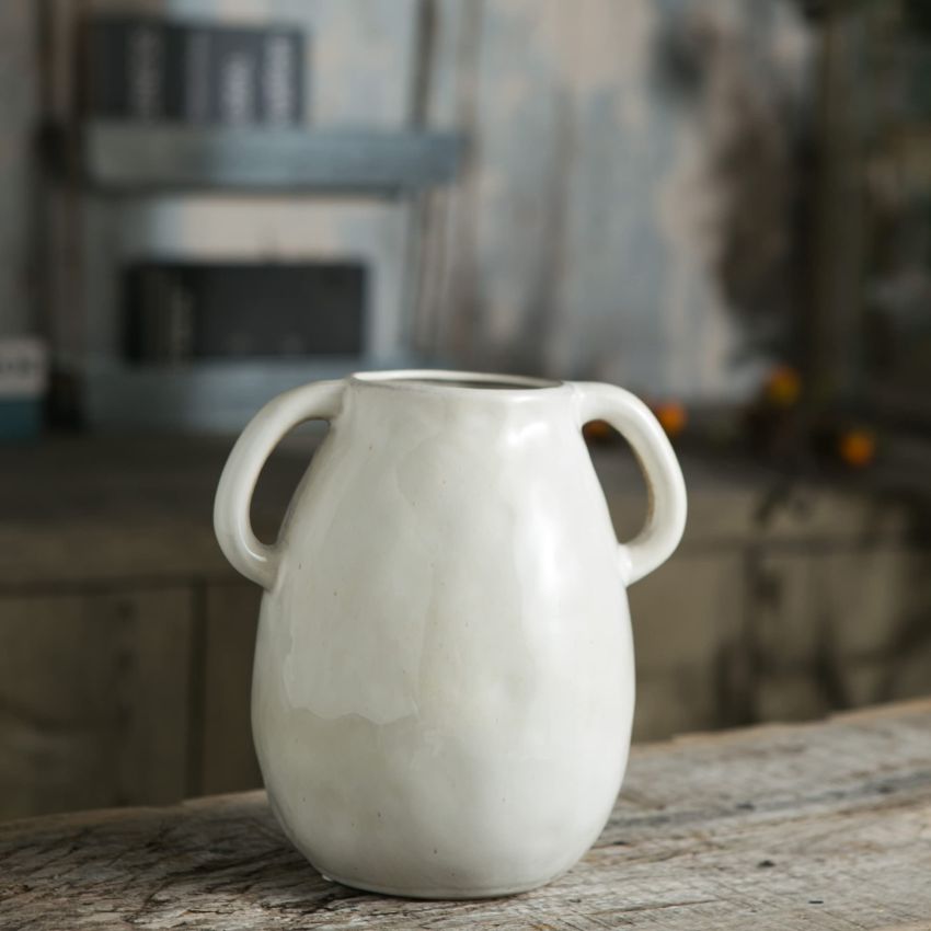White Ceramic Vase with 2 Handles, Modern Farmhouse Vase for Home Decor, Rustic Terracotta Vase, Decorative Pottery Flower Vase, Clay Samll Vase, Centerpieces for Dining Table - 7 Inch Tall
