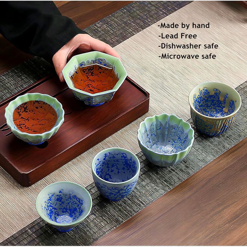 4 Pcs Blue Irregular Ceramic Tea Cups Fancy Tenmoku Glaze Coffee Mug 4 oz Chinese Small Teacups Specially Designed for Women