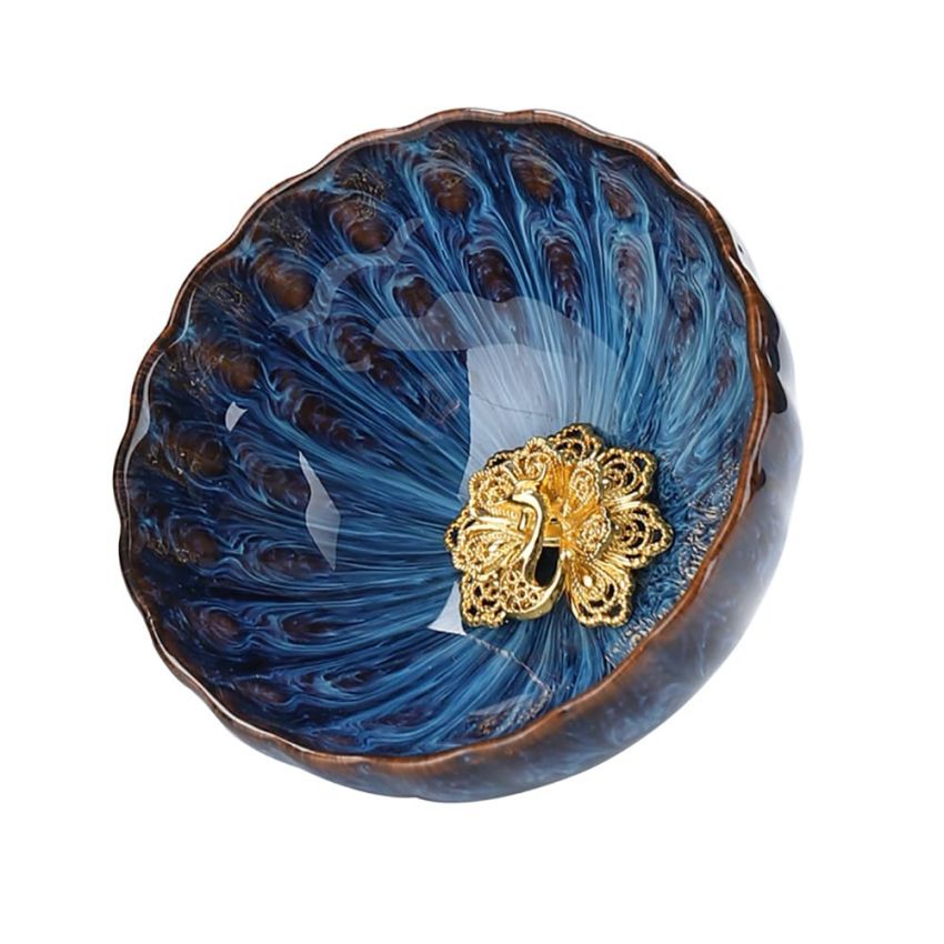 JianZhan Tenmoku Ceramic Handmade TeaCup Porcelain Teacup Kungfu Tea Cup Tenmoku Teacup Master Teacup Ceremonial Matcha Tea Mug Shape（Gold Peacock）