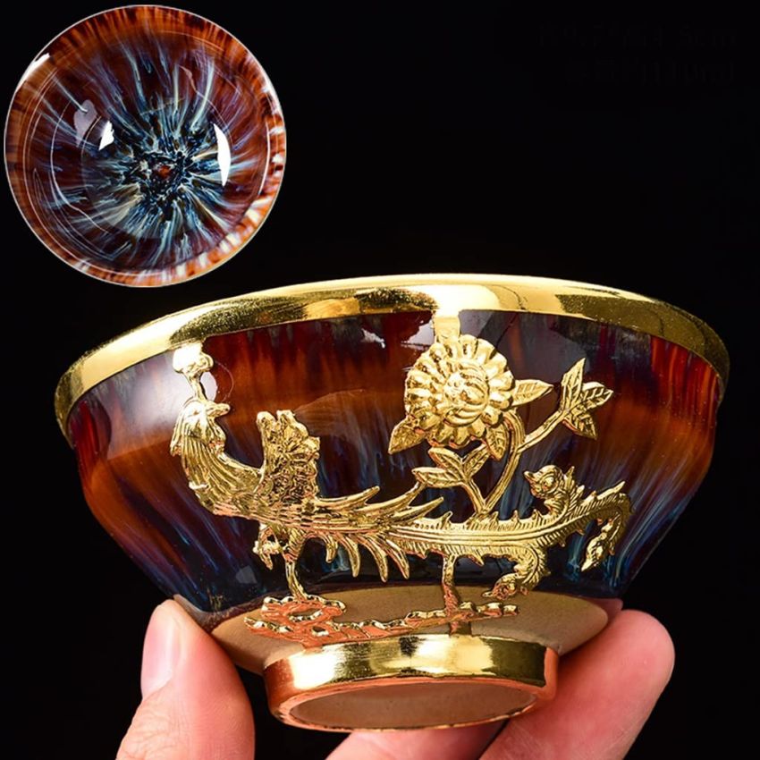 Tea Cup Hand Inlaid Gold Dragon and Phoenix Cup, Kiln Transformation Colorful Master Cup, Kung Fu Tea Bowl Sake Teaware, Gift Box Packaging(Color: Phoenix, Size : 3.8 oz)