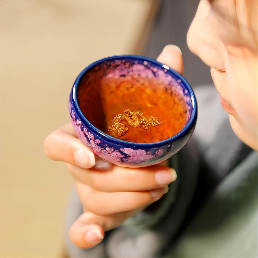 4 oz Tenmoku Tea Cup - Chinese Dragon Decoration, Purple Iris Flowers Ceramic Jianzhan Teacup, Handmade Kungfu Tea Bowl with Gift Box