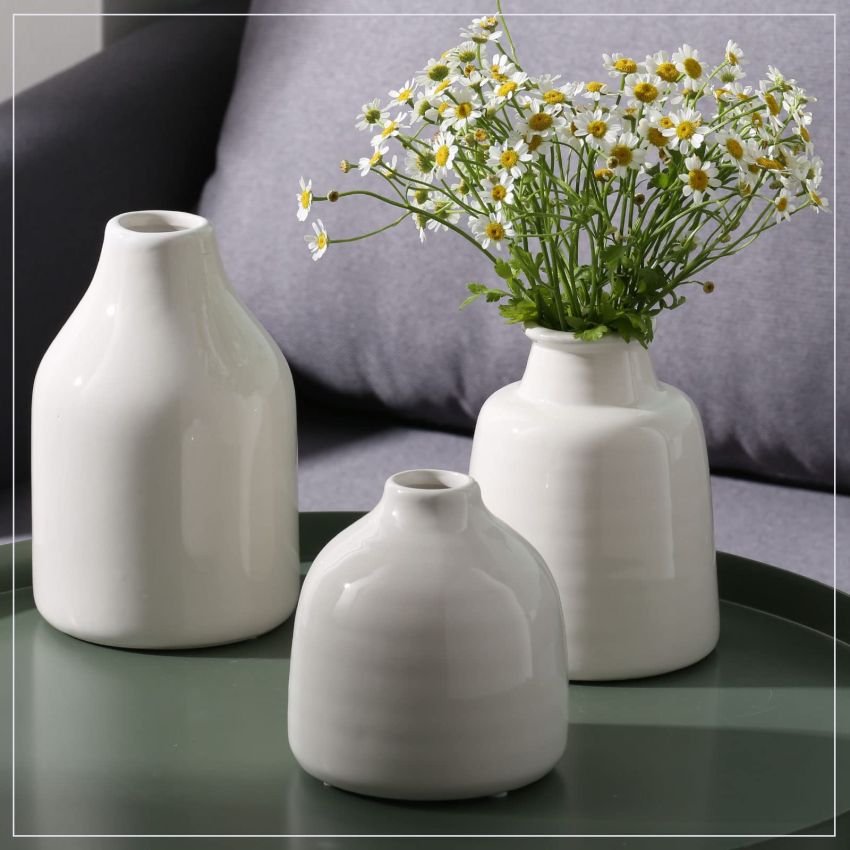 Small White Vase Set of 3 for Modern Home Decor,Ceramic Vases for Centerpieces White Flower Vases for Living Room Wedding/Dinner Table/Party -White