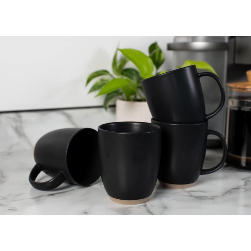 Elanze Designs Raw Clay Bottom Black 13 ounce Ceramic Coffee Mugs Set of 4