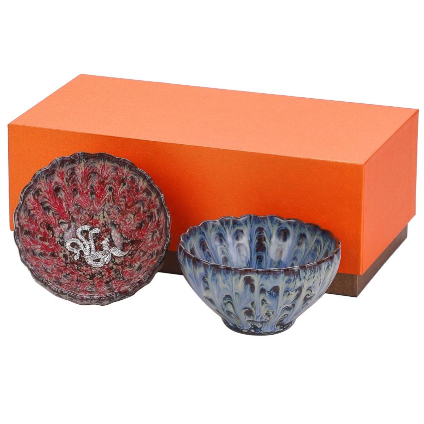 Jianzhan Tenmoku Magic Tea Cup Set of 2, Handmade Chinese Dragon and Phoenix Tea Cups, 3d Art Ceramic Kungfu Teacups with Gift Box (Cherry blossom)