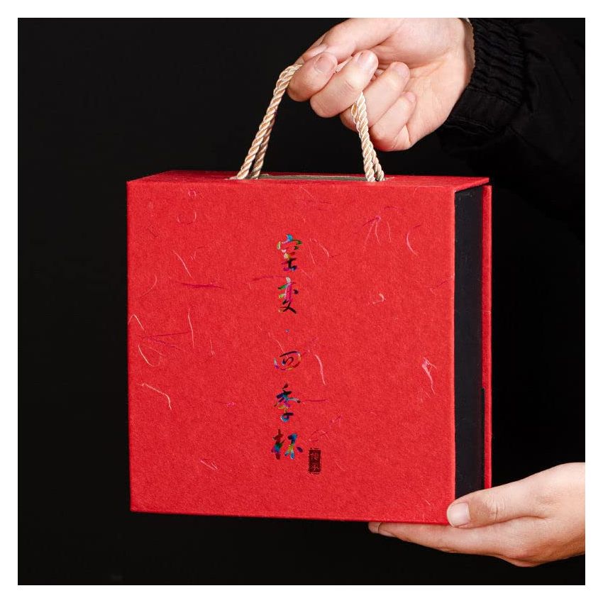 (Set of 4) Four Seasons Kiln Glazed Pottery Teacup Set Ochoko Sake Cup Japanese Chinese Asian Ceramic Porcelain in a Gift Package