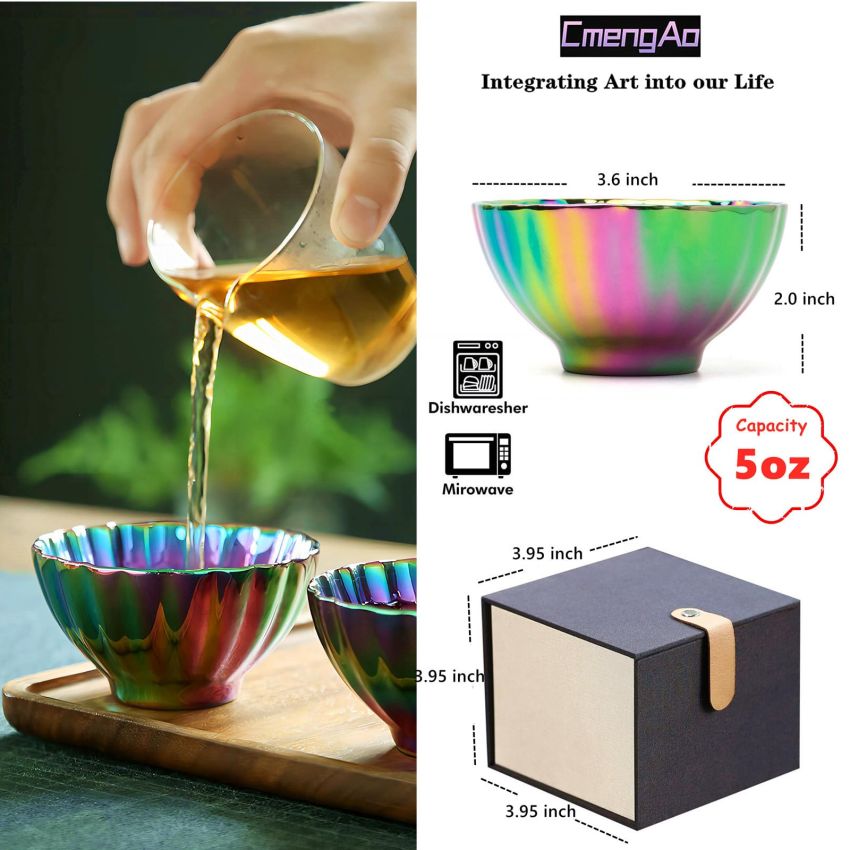 Colorful Tenmoku Tea Cup, 5 oz Jianzhan Ceramic Tea Cup with Lotus Decorations in Bottom, Chinese Small Kungfu Tea Cup, Ideal Gift for Cup Lovers