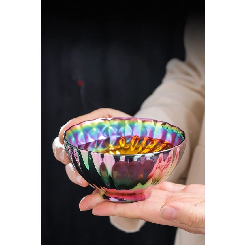Beautiful Colorful Glaze Ceramic Tenmoku Tea Cup Handmade JianZhan Chinese Teaism Kungfu Tea Cup Tea Set with Gift Box(Gold Peacock)
