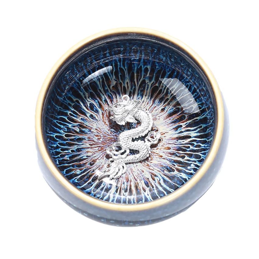 JianZhan Tenmoku Ceramic Handmade TeaCup Porcelain Teacup Kungfu Tea Cup Tenmoku Teacup Master Teacup Ceremonial Matcha Tea Mug Shape,Silver Dragon