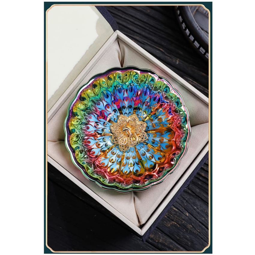 Beautiful Colorful Glaze Ceramic Tenmoku Tea Cup Handmade JianZhan Chinese Teaism Kungfu Tea Cup Tea Set with Gift Box(Gold Peacock)