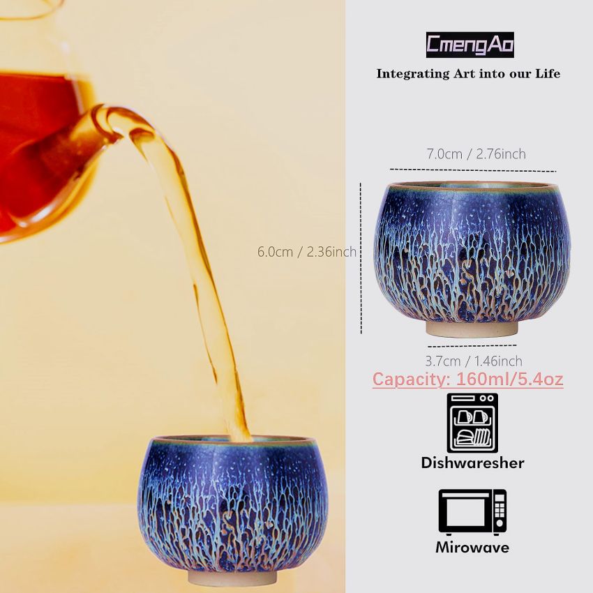 Tenmokus Tea Cups - Blue Starry Sky Glaze Series, Handleless Design Ceramic Jianzhan Tea Bowl, Chinese Small Kungfu Tea Cups, Set of 2 (5.4 oz)