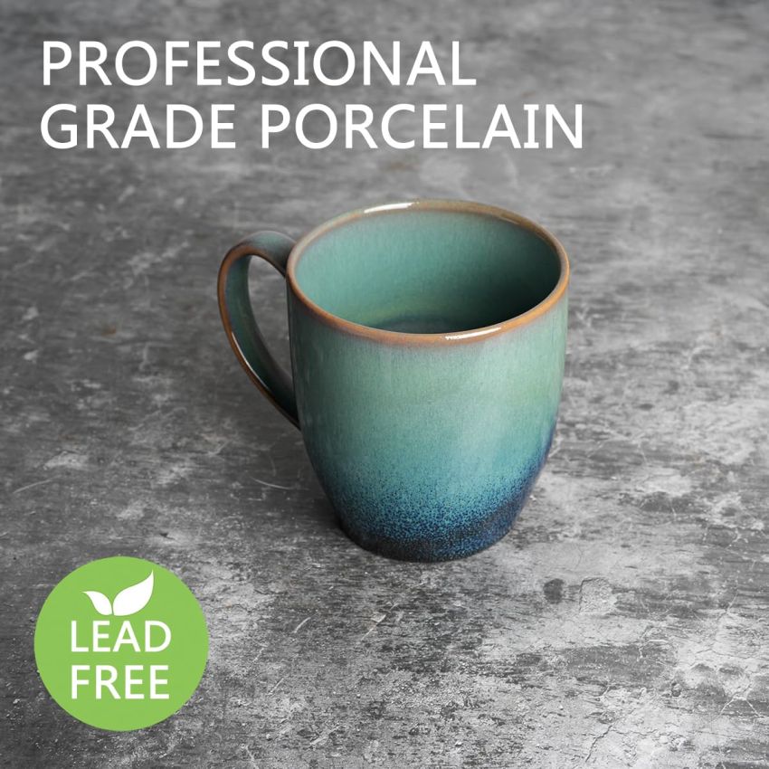 Bosmarlin Ceramic Coffee Mug Set of 4, 17 Oz, Coffee Cups with Big Handle, Microwave Safe, Unique Reactive Glaze(17 Oz, Pale Green)