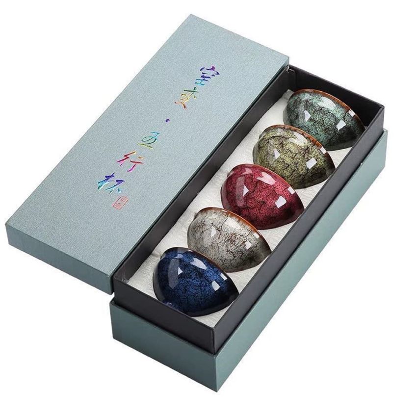 Chinese Tea Cups,Tenmoku JianZhan Handmade Ceramic kung fu Tea Cup Anti-Scald Wide Mouth Teacup,Tea Bowl,Ceramic Mate CupSet of 5 (5 Colors) A05