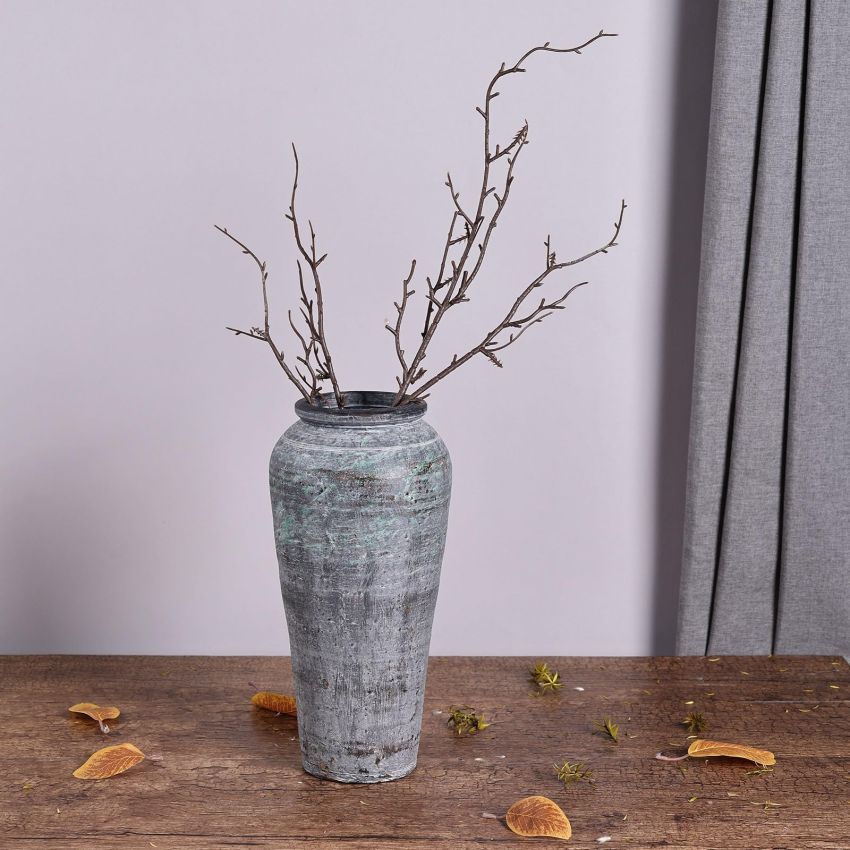 Handmade Tall Ceramic Rustic Vase, 12 Inches Concrete Vase, Distressed Farmhouse Décor, Pottery Decorative Flower Vase for Home Decor, Table,Floor, Living Room Decor,Mantel