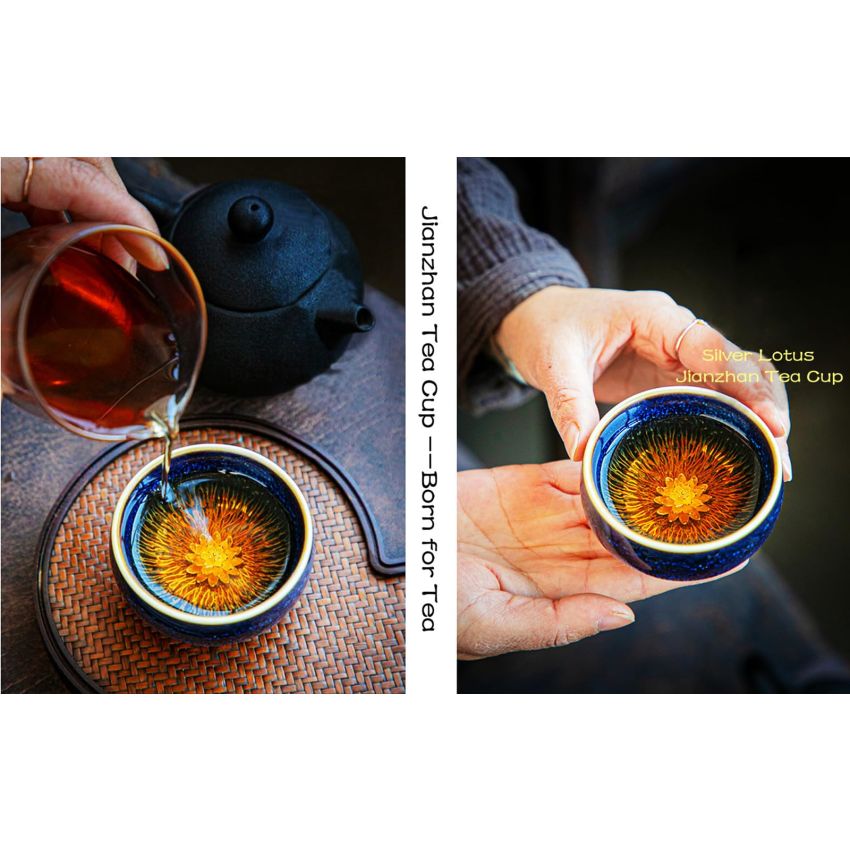 Beautiful Jianzhan Tea Cup, 3d Silver Lotus Inlaid Ceramic Tea Cup Handmade Fancy Glaze Tenmoku Cup Chinese Kungfu Tea Cup (Blue)
