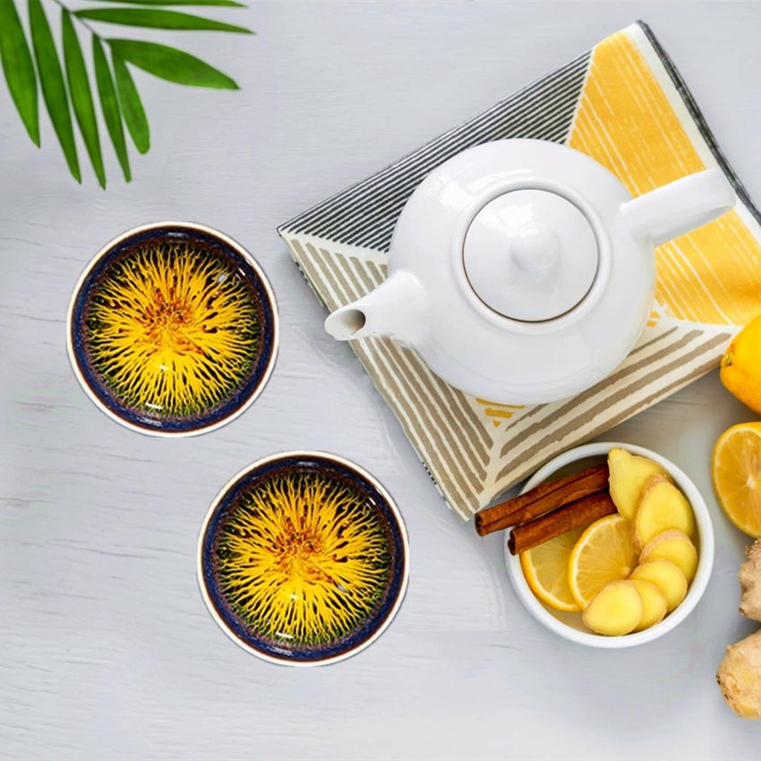 Tenmokus Tea Cups - Blue Starry Sky Glaze Series, Handleless Design Ceramic Jianzhan Tea Bowl, Chinese Small Kungfu Tea Cups, Set of 2 (5.4 oz)