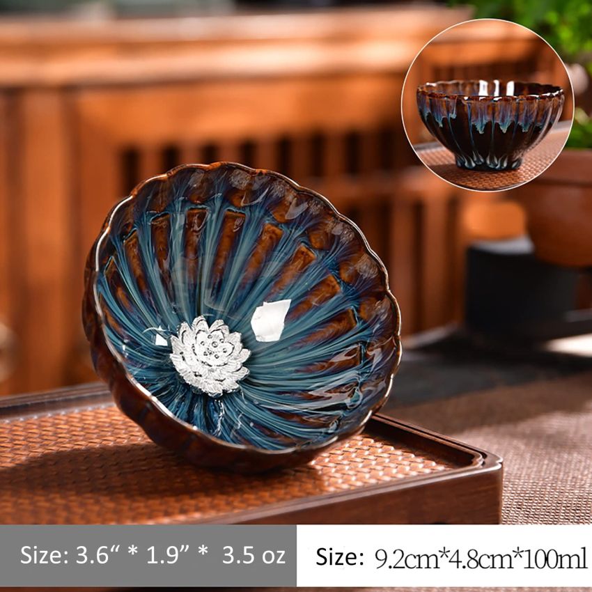 JianZhan tenmokus tea cup Ceramic Handmade TeaCup inlay Teacup Kungfu Tea Cup Master Teacup (Color : Lotus)