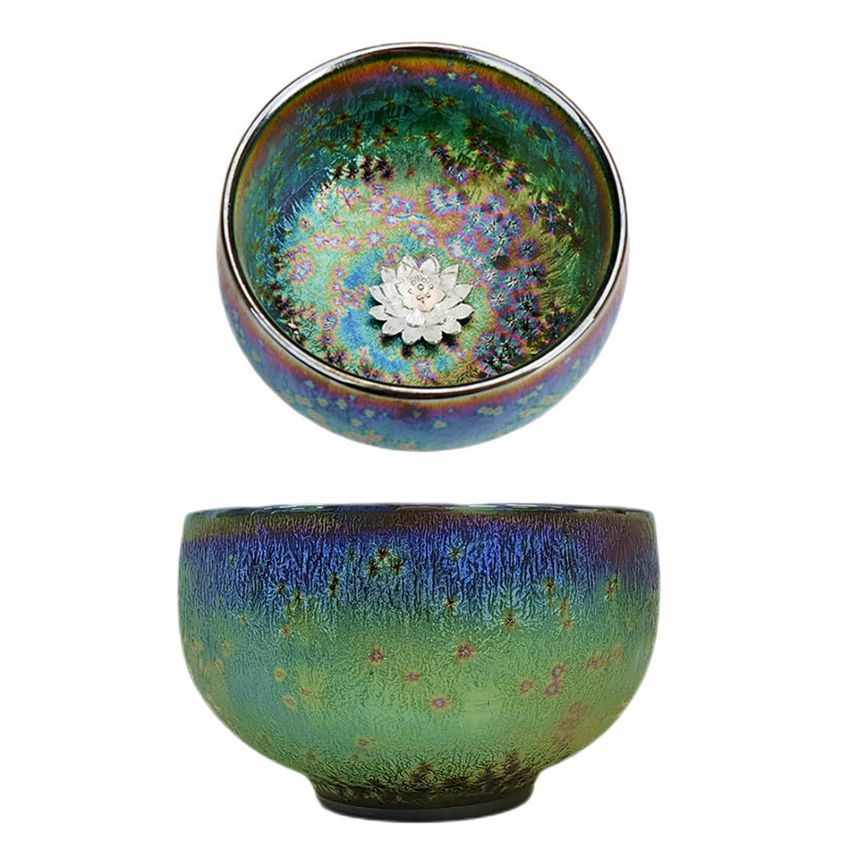Jianzhan Ceramic Tea Cup, Handmade Peacock Glaze Tenmoku Teacup with 3d Silver Lotus Inlaid, 4 oz Chinese Small Kungfu Tea Cup