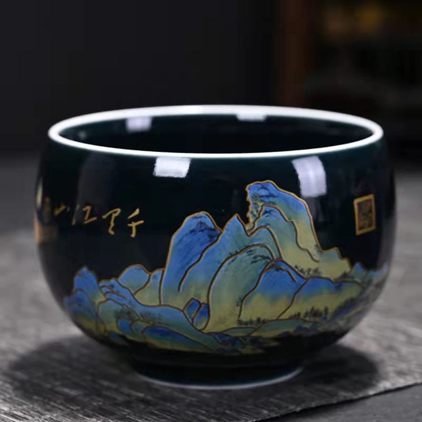 Four-piece set of Chinese Japanese tea cups, exquisite patterns, matcha cups, flower tea cups, coffee cups, tea companion cups (160ml R,B)