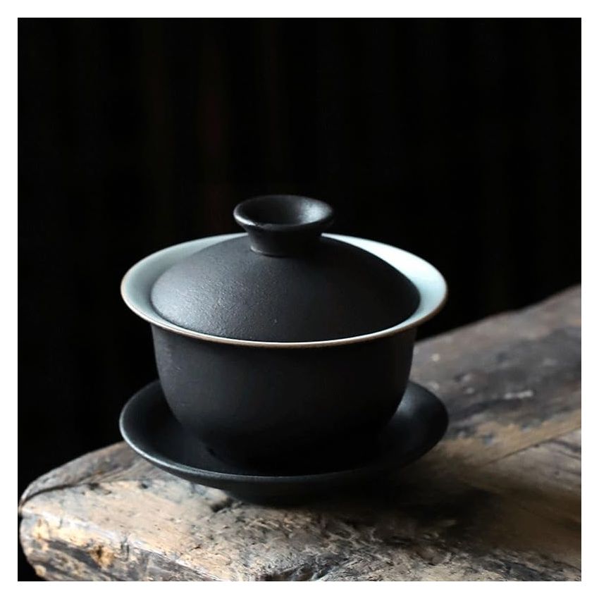 Black Pottery Covered Tea Cup Ceramic Tea Brewing Bowl