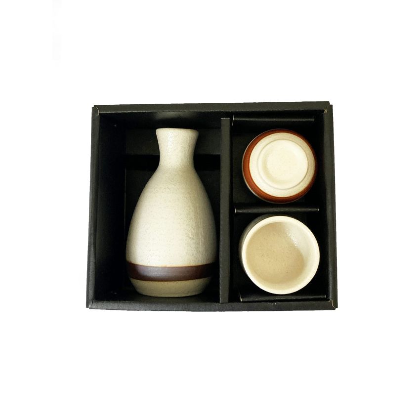 White color, Japanese Traditional Ceramic SAKE 3 items Set. 1 Bottle and 2 cups with a gift box. Made in Japan