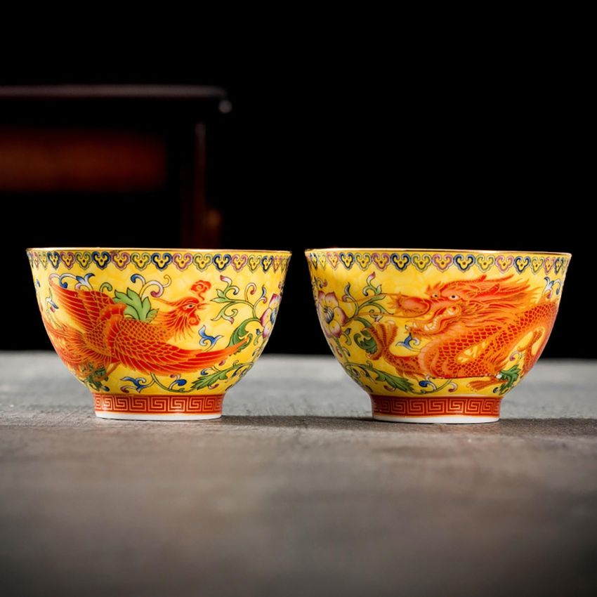 Master Teacup set of 2 tenmokus teacup Kungfu Tea Cup chinese tea set prosperity brought by the dragon and the phoenix Ceramic Handmade Ceremonial Matcha Tea Mug
