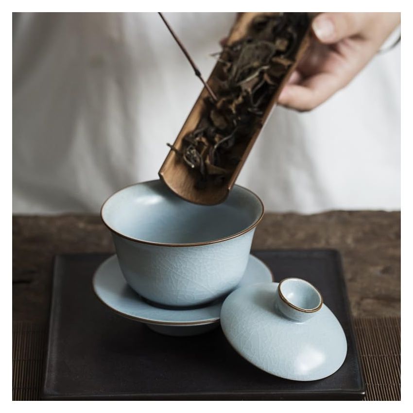 Azure Porcelain Tea Tureen Ru Kiln Sancai Cover Bowl Household Tea Maker Cup Saucer Can Raise Kungfu Teaset, 9.8cm, Blue