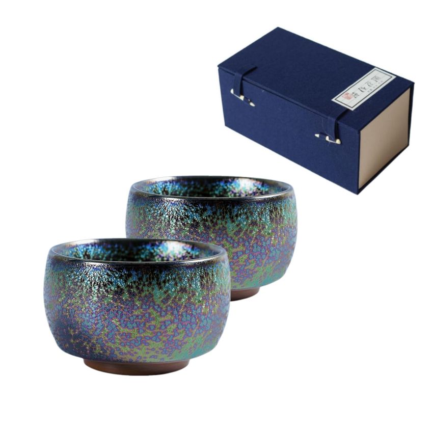 Handmade Coloful Tenmokus Tea Cup Set of 2, Chinese Crafts Kungfu Tea Cups Seven-Colours Ceramic Teacup with Gift Box Packing