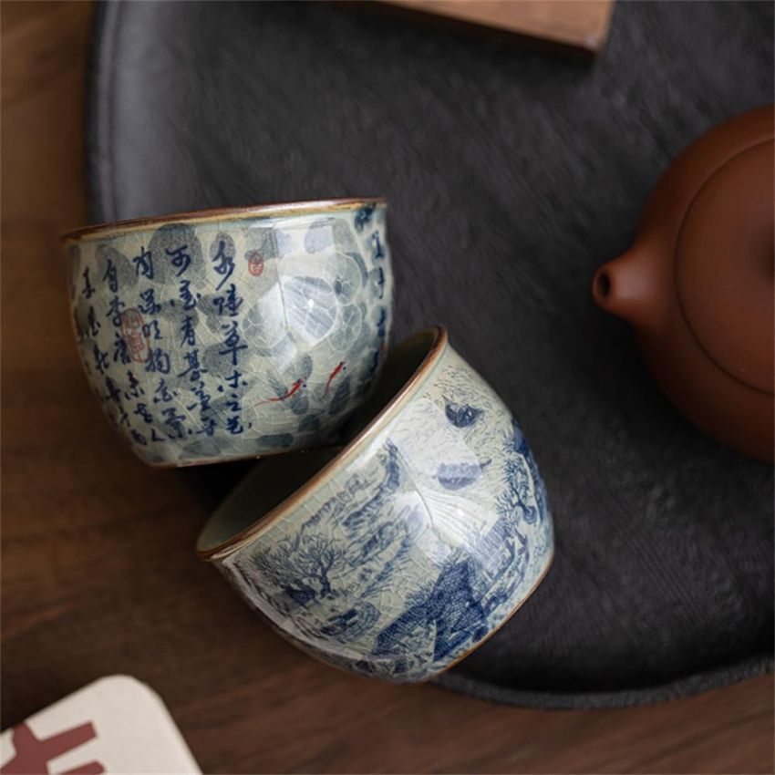 2PCS Chinese Tea Cup,Bowl for Father,Tenmoku Cups,Chinese Kungfu Ceramic Teacup Set,Christmas New Year Gift for Husband