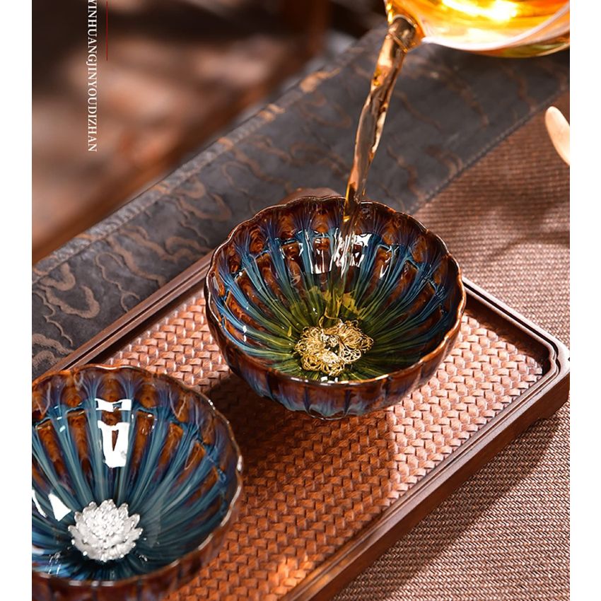 JianZhan tenmokus tea cup Ceramic Handmade TeaCup inlay Teacup Kungfu Tea Cup Master Teacup (Color : Lotus)