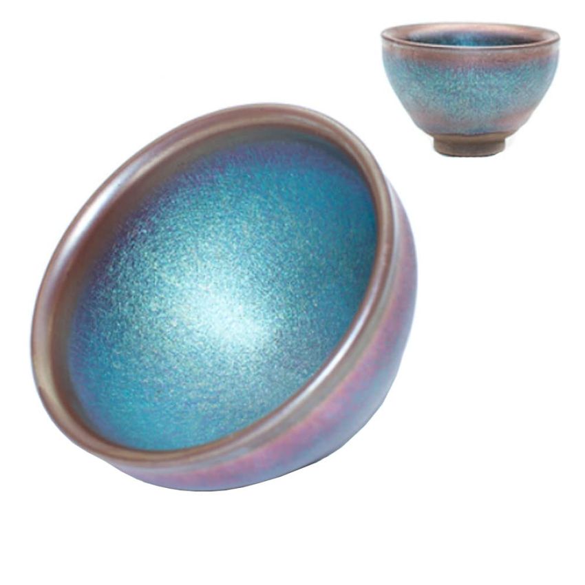 Traditional Handmade Vintage Tenmoku Teaware Artistic Handle Glazes JianZhan Tea Cup Ceramic Cup Gift 100 ml(Blue-Green)