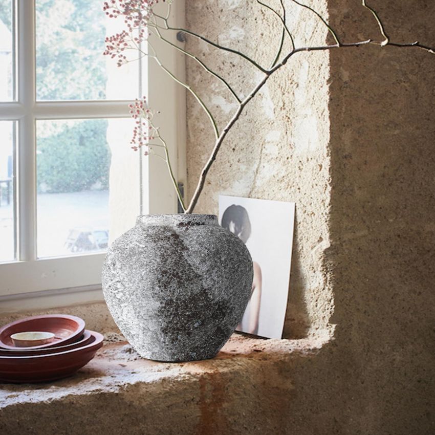 Rustic Ceramic Circular Flower Vase Farmhouse Clay Pottery Large Terracotta Floor Vases for Decorative Centerpiece Vintage Home Decor Aesthetic for Living Room Bedroom Table Entryway