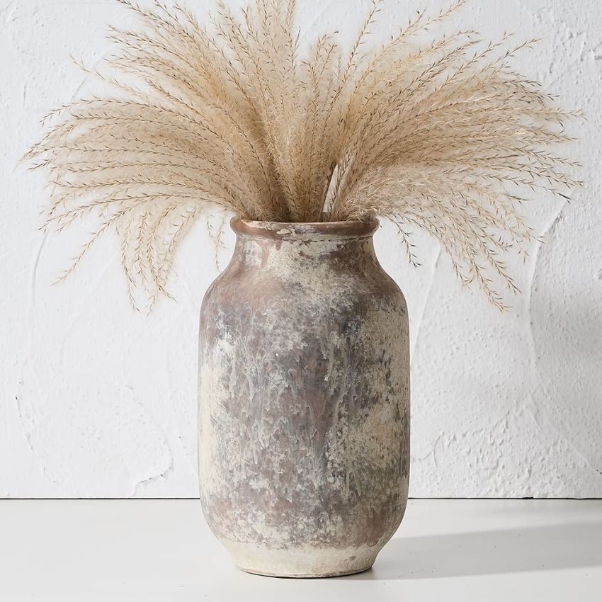 SIDUCAL Rustic Ceramic Farmhouse Flower Large Vase, Whitewashed Terra Cotta Pottery Decorative Vase for Home Decor, Table, Living Room Decoration, Shelf Decor, Mantel, 9.5 Inch, Terra