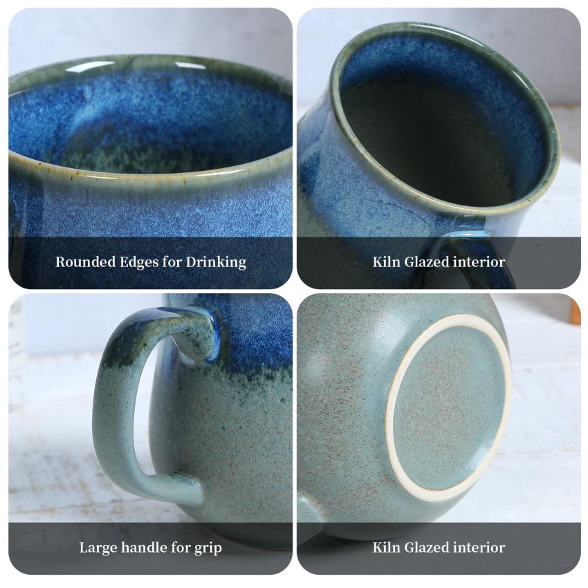 16 Oz Large Ceramic Coffee Mug with Big Handle, Handmade Glazed Tea Cup for Office and Home, Microwave and Dishwasher Safe, Small Coffee Cups for Hot and Cold Drinking (Glacier Blue)