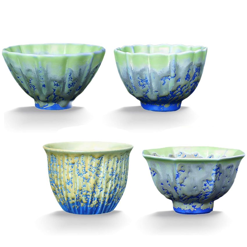 4 Pcs Blue Irregular Ceramic Tea Cups Fancy Tenmoku Glaze Coffee Mug 4 oz Chinese Small Teacups Specially Designed for Women