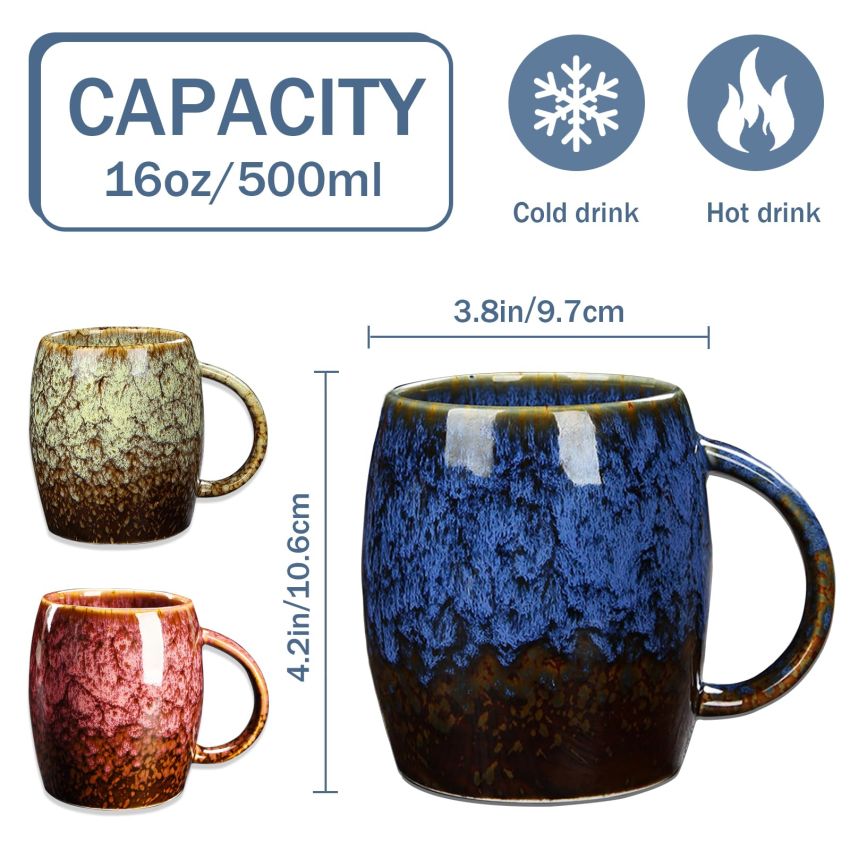 Sneosnai# Ceramic Coffee Mug-Tea Mugs, 16 oz Handle Handmade Pottery Tea Cup For Office And Home, Hot Cold Drinking, Stylish Tfancy Glaze(Red)