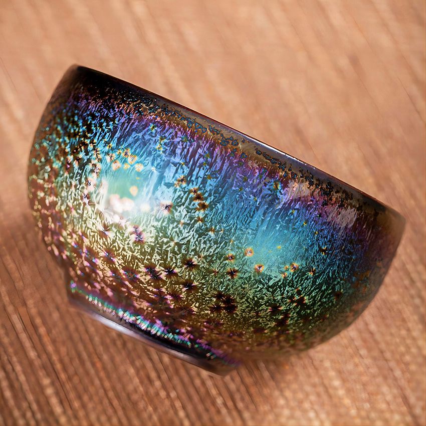 Jianzhan Ceramic Tea Cup, Handmade Peacock Glaze Tenmoku Teacup with 3d Silver Lotus Inlaid, 4 oz Chinese Small Kungfu Tea Cup