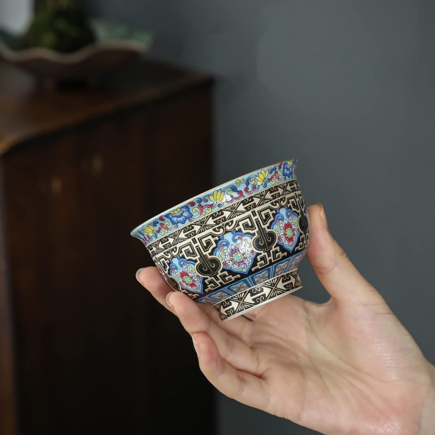 TEANAGOO Tea Cups Tenmoku Jianzhan Lotus vitality, 3.9 oz / 110 ML, FL30-02 ，Gilt Enamel Colorful Tea Cup Set Japanese Tea Set Tea Set Sake Set Traditional Chinese Handmade Porcelain Teacup