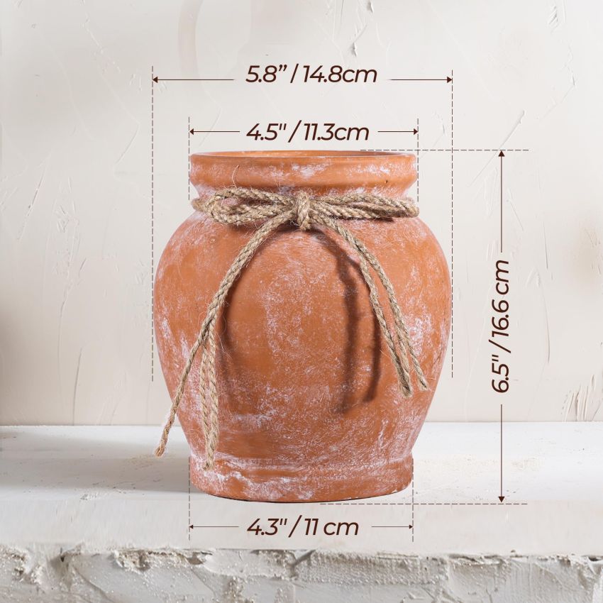 ComSaf Terracotta Rustic Vase - Farmhouse Ceramic Flower Vases, Vintage Home Decoration Vase, Clay Vase, Vase Centerpiece for Table, Vase for Living Room, Bathroom, Shelf Decor, 6.5 Inch, Terracotta