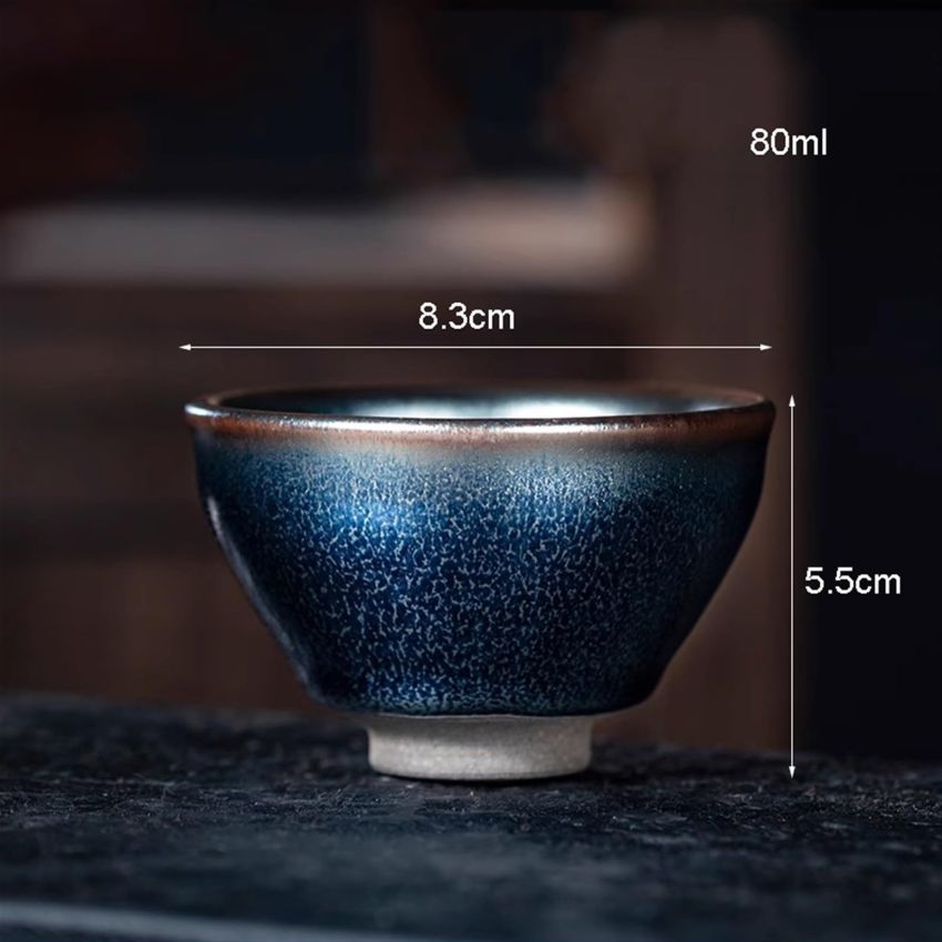 Jianzhan Tea Cup Beautiful Exquisite Teaware Tenmoku Chinese Ceramic Mug Handmade Unique Multi-use Porcelain Tea Bowl(Blue)