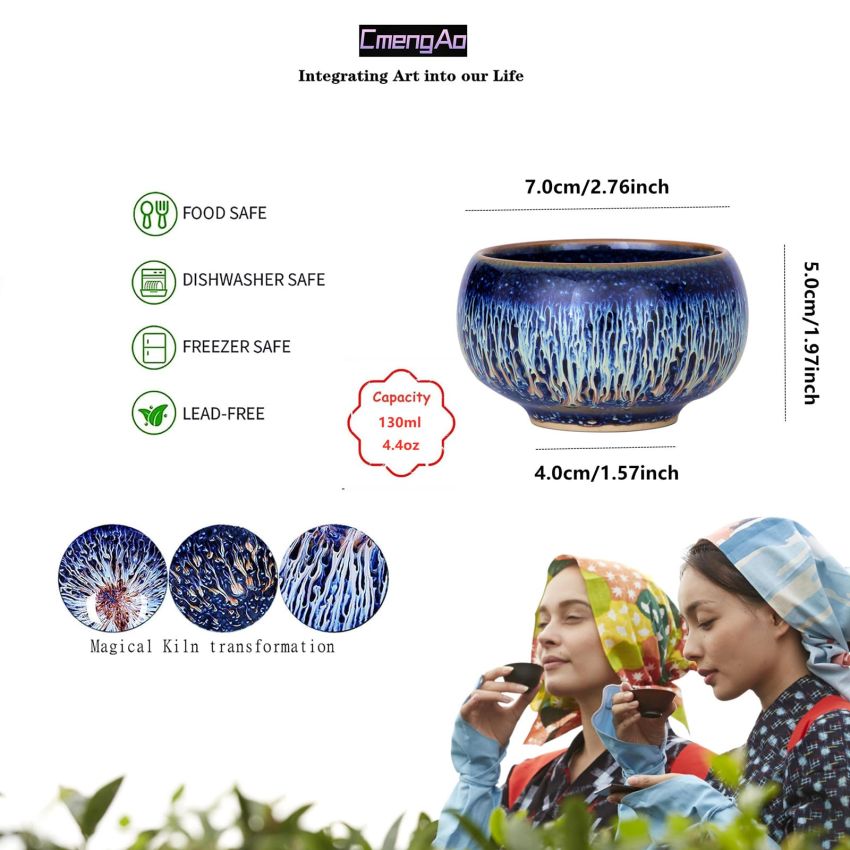 Tenmokus Tea Cups, 4.4 oz Starry Sky Glaze Ceramic Jianzhan Tea Bowls, Handmade Chinese Small Kungfu Tea Cups, Set of 2 (Zen Meditation Cup)