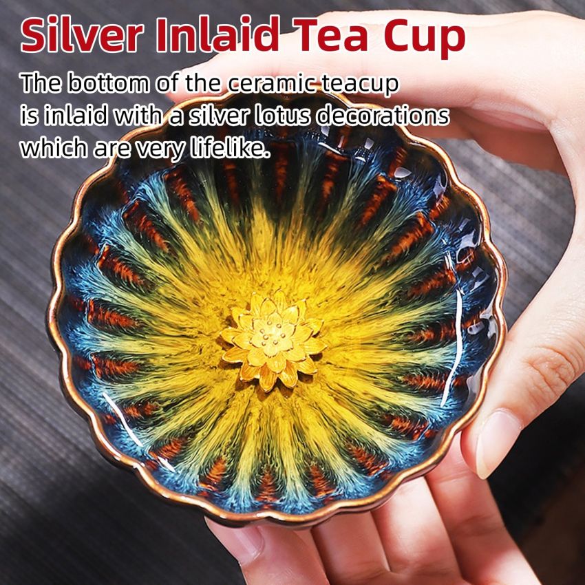 Tenmoku Glaze Kiln Change Jianzhan Tea Cup - 4 oz Silver Inlaid Chinese Kungfu Tea Cup Lotus Tea Cup Dragon Teacup (Lotus)