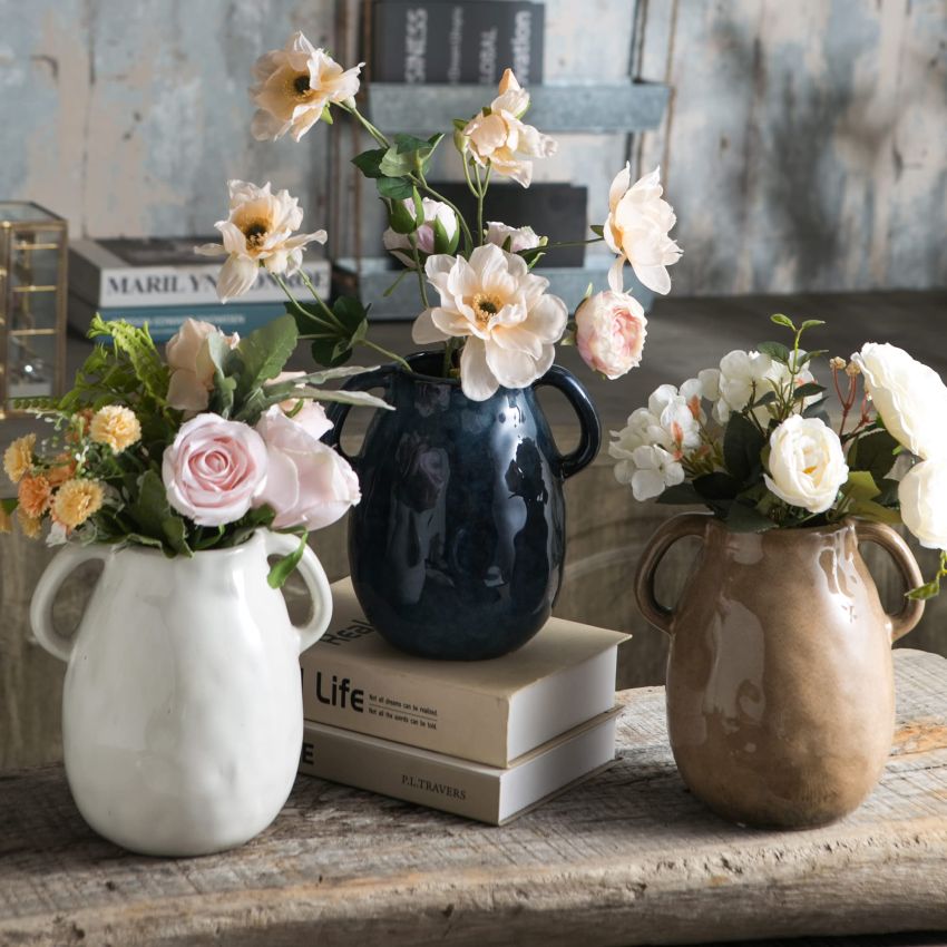 White Ceramic Vase with 2 Handles, Modern Farmhouse Vase for Home Decor, Rustic Terracotta Vase, Decorative Pottery Flower Vase, Clay Samll Vase, Centerpieces for Dining Table - 7 Inch Tall