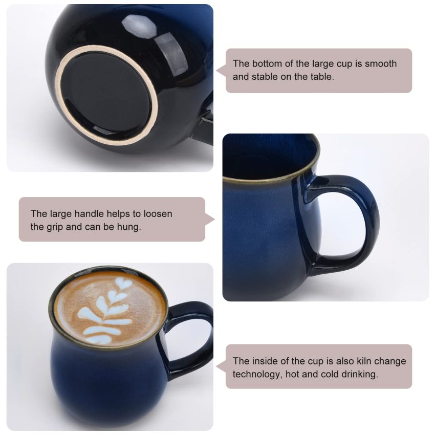 20 Oz Large Ceramic Coffee Mugs, Big Handle Handmade Pottery Tea Cup for Office and Home, Easy to Hold, Microwave and Dishwasher Safe, Hot Cold Drinking, Stylish Texture Glaze (Star Blue)