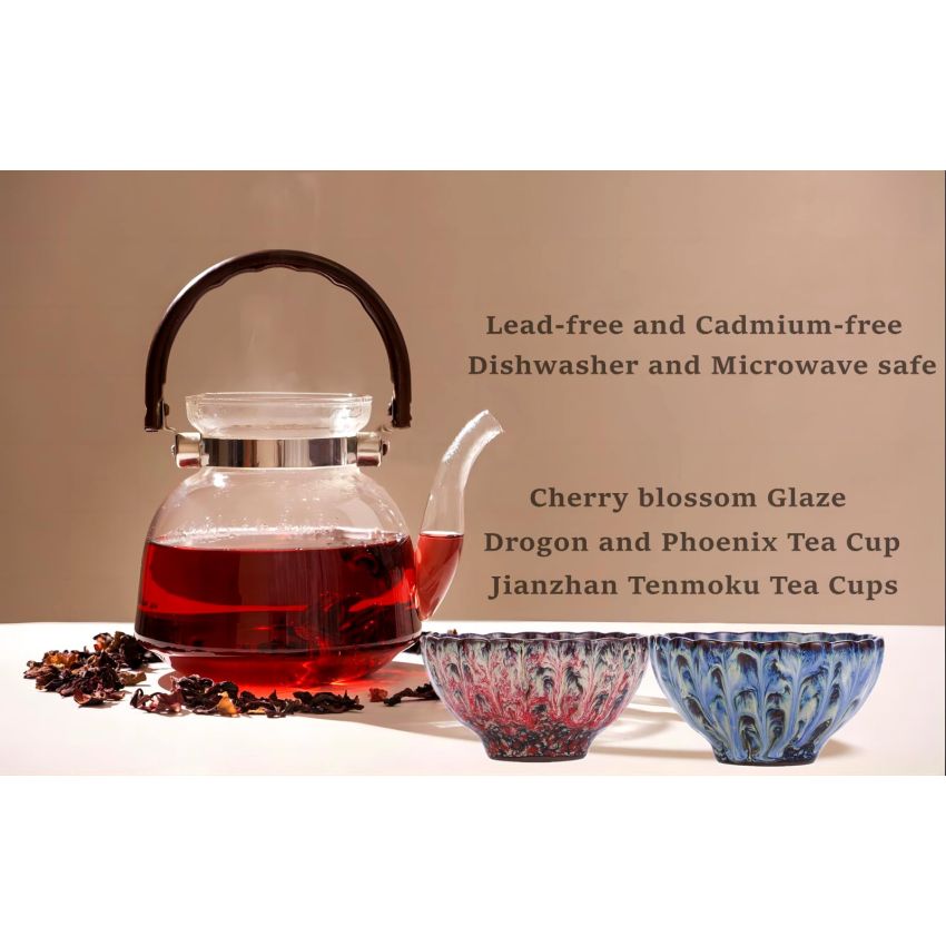 Jianzhan Tenmoku Magic Tea Cup Set of 2, Handmade Chinese Dragon and Phoenix Tea Cups, 3d Art Ceramic Kungfu Teacups with Gift Box (Cherry blossom)