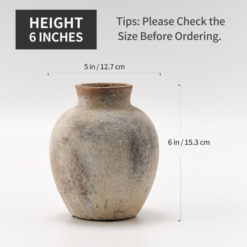 SIDUCAL Ceramic Decorative Flower Vase | 6 Inch Pottery Rustic Farmhouse Vase | Boho Vase for Home Decor | Whitewashed Terracotta Vase for Table, Living Room, Bathroom, Shelf, Mantel Decoration