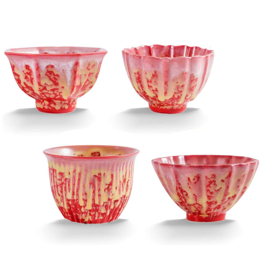 4 Pcs Red Irregular Ceramic Tea Cups Fancy Tenmoku Glaze Coffee Mug 4 oz Chinese Small Teacups Specially Designed for Women