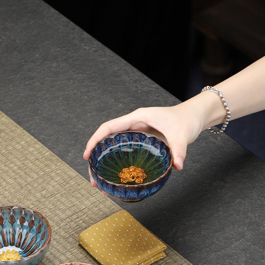 Jianzhan Tenmoku Tea Cup with Golden Peacock, 3D Chinese Kungfu Tea Cup Traditional Crafts Fired in Kiln