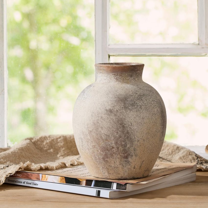 SIDUCAL Ceramic Decorative Flower Vase | 6 Inch Pottery Rustic Farmhouse Vase | Boho Vase for Home Decor | Whitewashed Terracotta Vase for Table, Living Room, Bathroom, Shelf, Mantel Decoration
